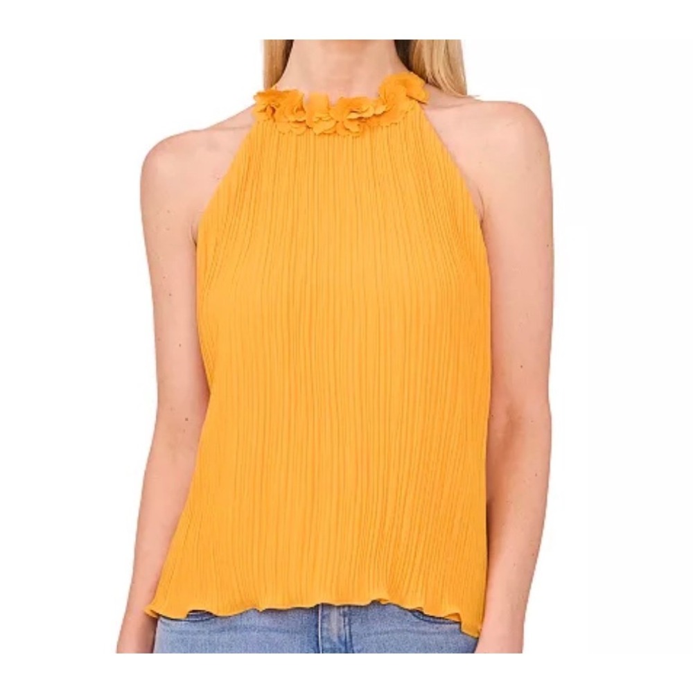 CeCe Orange Pleated Halter Top 3D Floral Neckline Blouse Small